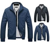 Chaqueta de otoño-invierno para hombre, chaqueta con cierre de cremallera y bolsillos de manga larga con cuello levantado, abrigo informal de negocios para hombre L azul