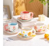 Taza de cerámica irregular de 300 ml con diseño de corazón y flores, ideal para café, desayuno, leche, té, regalo para niñas. 301-400ml