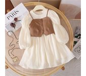 Trajes de bebé para primavera y otoño, chaleco para niña + vestidos de manga larga, Vestido de princesa bonito para niños de 2 piezas, Vestido de gasa para niños 2 -10T 90cm beige