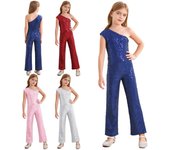 Girls Sparkly Full Sequined Long Jumpsuit Jazz Dancewear Gymnastics Leotard Long Pants Prom Wedding Party Romper Playsuit 7-8 Years plata
