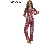 Pijama de mujer Otoño e Invierno Cárdigan de cuadros rojos navideños Conjunto de ropa de casa de manga larga S azul