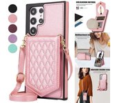 Cartera con espejo Flip Lanyard Funda de cuero con cepillo antirrobo para Samsung S23 S22 S21 S20Ultra Plus A13 A53 A54 / iPhone 15 14Plus 13 12 11Pro Max XSMax iPhone 6/6S negro