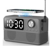 Cargador inalámbrico rápido de 15 W con altavoz Bluetooth y radio despertador, estación de carga inalámbrica 4 en 1 para iPhone y teléfonos Android con radio FM. gris