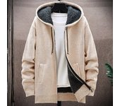 Chaqueta de invierno para hombre, con capucha de forro polar grueso, cordón ajustable, cremallera, manga larga, suéter, bolsillos, puños elásticos, chaqueta de punto retro para uso diario L beige