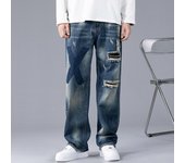 Vaqueros con parches desgastados de marca de moda, nuevos pantalones vaqueros para hombre, pierna ancha suelta, pantalones versátiles para hombre 2XL