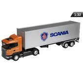 Modelo 1:32, SCANIA R470, tractora naranja - remolque plateado 1