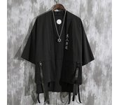 Cárdigan Haori de verano para hombre, camisa tipo Kimono, ropa japonesa samurái, batas holgadas Obi, chaqueta Yukata para hombre, ropa de calle asiática 2XL negro