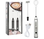 Batidor de huevos eléctrico de mano, espumador de leche, mezclador recargable por USB con 2 batidores de acero inoxidable plata