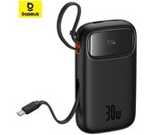 Banco de energía Baseus QPow 2 con pantalla digital, carga rápida, 20 000 mAh, 30 W, 2 cables tipo C integrados capacity:10000mAh negro