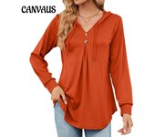 Otoño e Invierno Blusa de Mujer con Cuello en V Botón de Color Sólido Cordón Camiseta Suelta de Manga Larga S negro