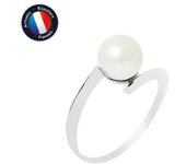 PERLINEA - Anillo Perla Cultivada de Agua Dulce Redonda Auténtica 7-8 mm - Color Blanco Natural - Oro Blanco - Joyas Mujer