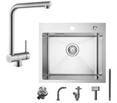Fregadero de cocina de un seno de 50×45 cm en acero inoxidable cepillado, grifo mezclador de cocina frente a ventana plegable