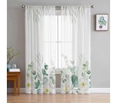 Cortinas transparentes de gasa con hojas de eucalipto y plantas de acuarela de verano para sala de estar, cocina, dormitorio infantil 135W x 114H(cm)