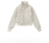 Chaqueta de cuero empalmada de moda para mujer: cuello alto, corta, corte holgado, estilo otoñal L negro