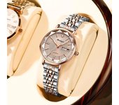 Reloj de mujer, relojes de cuarzo de moda de oro rosa, reloj de pulsera de lujo para mujer, pulsera impermeable con fecha y semana para novia oro rosa