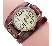 Reloj de pulsera de cuero vintage para mujer, reloj de pulsera de cuero de bambú para mujer, clásico rojo