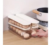 Caja de almacenamiento de huevos para refrigerador, soporte automático para huevos con desplazamiento, gran capacidad, para el hogar, cocina, estante de almacenamiento de huevos rodante exclusivo 2-tier