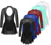 Vestido de baile de patinaje artístico para niñas, vestidos de leotardo de gimnasia de Ballet de malla brillante con diamantes de imitación de manga larga, Ropa de baile de competición 5-6 Years color rosa