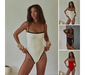 Bikini de una pieza vintage de corte alto para mujer, traje de baño bandeau con almohadillas para el pecho, traje de baño femenino para vacaciones en la playa, surf, piscina y natación. S negro