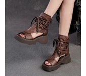 Johnature Sandalias romanas de suela gruesa retro Zapatos de plataforma cómodos con punta abierta de cuero genuino para mujer 35 negro
