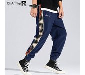ChArmkpR Hombres Pantalones harén con cintura elástica larga y estampado lateral S azul