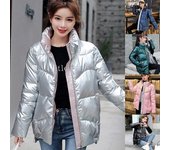 Chaqueta de otoño de algodón con cuello de invierno a la moda, abrigo brillante para mujer S plata