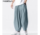 INCERUN, Pantalones rectos para hombre, cintura elástica, pantalones holgados informales de Hip-hop, pantalones sueltos de pierna ancha gitana para hombre, pantalones con cordón S negro