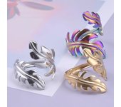 Anillos ajustables abiertos con forma de hoja con personalidad para mujer, anillos de dedo con forma de pluma a la moda de acero inoxidable, joyería