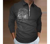 Polos para hombre de manga larga con estampado de León gris a la moda, camiseta Polo de manga larga con cremallera, Top XS gris
