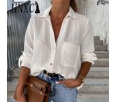 HNXC Blusas y camisas de manga larga con cuello tipo POLO para mujer, informales, a la moda, otoño e invierno, Color sólido S blanco