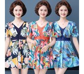 Traje de baño modesto de dos piezas para mujer de mediana edad de talla grande, traje de baño con cordón estampado, conjunto de traje de baño tipo bóxer, traje de baño de manga corta para aguas termales L azul oscuro