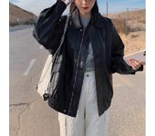 Chaqueta vintage de PU para mujer, ropa de calle, chaquetas de motocicleta retro holgadas, abrigo de cuero sintético para mujer, otoño 3XL negro