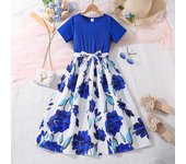Vestido de princesa para niñas, moda de verano para niños, vestido floral de retazos de manga corta 130cm=8Y azul
