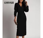 Nuevos vestidos de noche elegantes con escote en V y mangas largas de color liso para mujer, otoño e invierno S negro