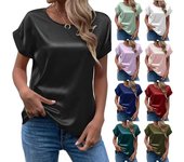 Primavera y novedad de verano, camisa de satén de manga corta para mujer, camiseta holgada informal con cuello redondo, camiseta coloreada para mujer XXL