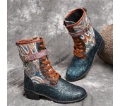 Botas de invierno para mujer, botas de media pantorrilla con estampado de patchwork, estilo étnico, antideslizantes, con cordones, cálidas, de felpa, botas cortas planas para mujer 35