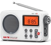 Radio portátil AM/FM con pantalla LCD, radio estéreo, compatible con batería y USB, alimentado con despertador blanco