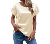 Blusa de verano para mujer, camisa de satén de manga corta, color negro, blanco y gris, blusas de satén con cuello redondo informales holgadas, Tops para mujer S gris claro