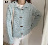 DAFIFY Suéteres de cuello polo de manga larga con estampado de colores sólidos informales de moda para mujer Otoño Invierno One size azul