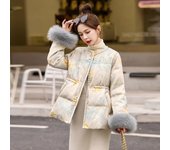 Chaqueta de plumón de invierno 2024 para mujer con puños de piel de zorro de inspiración china Large