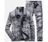 Conjuntos de 2 piezas para Hombre, chaqueta vaquera de manga larga gris ahumado + Vaqueros sencillos, traje vaquero ajustado a la moda para parejas, primavera y otoño S