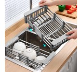 Estante retráctil de acero inoxidable para fregadero de cocina, estante para platos, estante ajustable para fregadero, soporte para platos de cocina, escurridor de platos, estante para escurrir frutas y verduras S gris