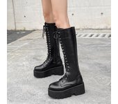 Calzado Feamle, tacones de plataforma gruesos, botas hasta la rodilla de cuero Pu, botas Retro Punk para Mujer, botines con cordones para Mujer 35 negro
