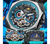 Reloj mecánico automático hueco con tourbillon para hombre, resistente al agua, luminoso, esfera con fase lunar de 24 horas, reloj personalizado de moda para hombre. azul