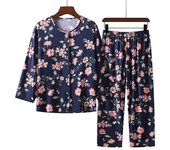 2 unids/set de pijamas para mujer de mediana edad, conjunto de pijama con cuello redondo y estampado de flores, manga corta, cintura elástica, plisado, suelto, fino, pierna ancha, ropa de dormir suave XXXXXL