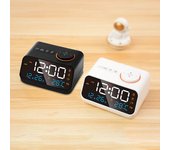 Reloj despertador digital con pantalla LED grande, atenuador de 0 a 100 por ciento, radio FM, temporizador de apagado automático, máquina de sonido dual negro
