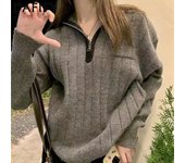 DAFIFY Suéteres de cuello polo de manga larga con estampado de colores sólidos informales de moda para mujer Otoño Invierno Size: One Size gris