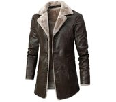 Chaqueta de invierno larga y gruesa de piel sintética con forro polar para hombre, chaqueta de cuero cortavientos con cuello de traje a la moda para hombre XS negro