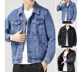 Chaqueta vaquera para hombre, con solapa, manga larga, bolsillos con solapa, abrigo de color liso, cierre de botones M negro