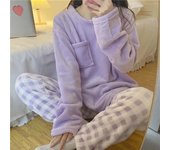 Conjunto de pijamas para mujer, ropa de dormir de invierno, top liso informal y pantalones a cuadros, conjunto de pijamas suaves para mujer, traje de estar en casa XXL azul